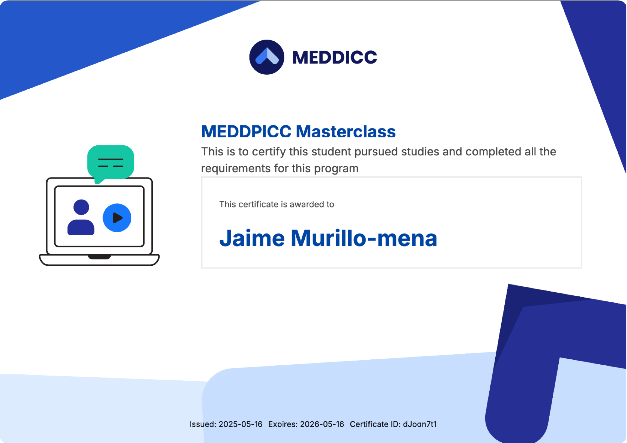 MEDDPICC Masterclass Certificate — Jaime Murillo-Mena