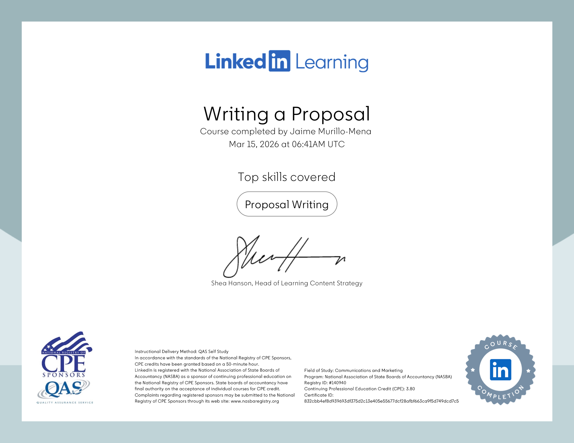 Certificate of Completion — Writing a Proposal